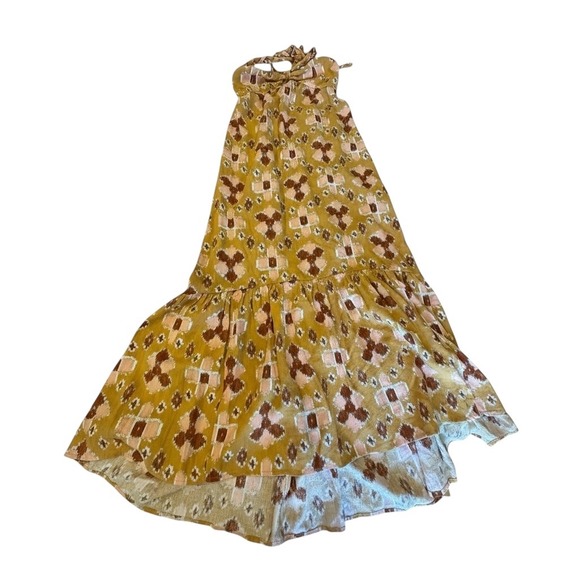 Aerie Mustard Yellow Geometric Print Halter Maxi Dress‎ Tiered High Low Size XS - Picture 5 of 12